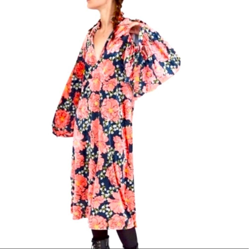 Zara Navy Floral Midi Dress with Pink & Coral Blooms